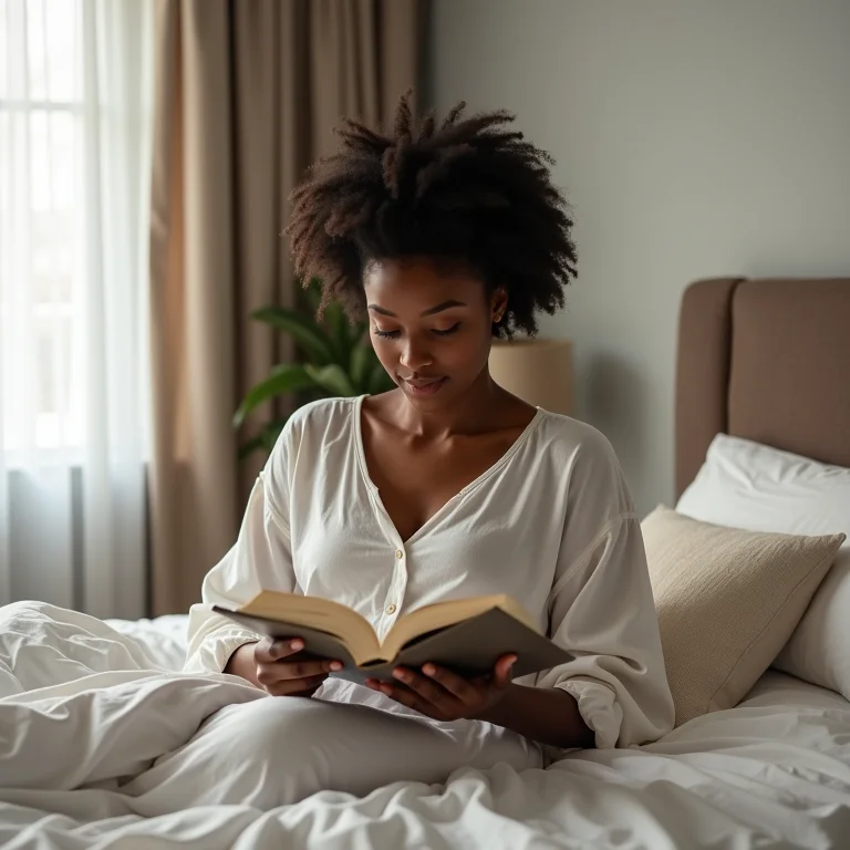 Mulher relaxando em quarto minimalista, apreciando a tranquilidade do ambiente
