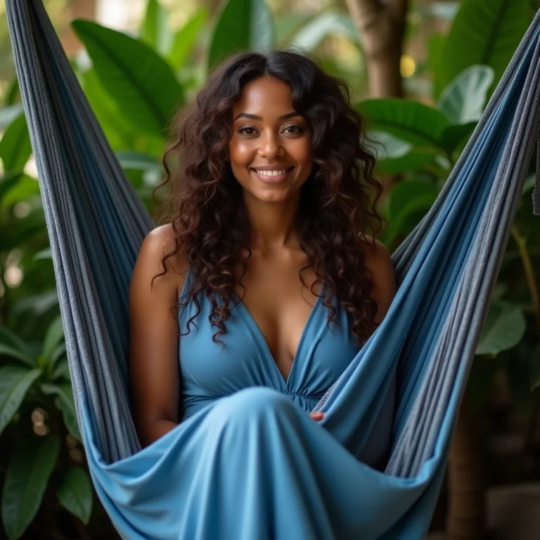 Mulher relaxando em uma rede, cercada por plantas e vestindo um vestido azul.