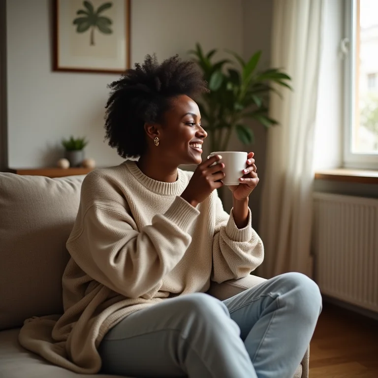 Mulher relaxando em uma sala de estar minimalista.