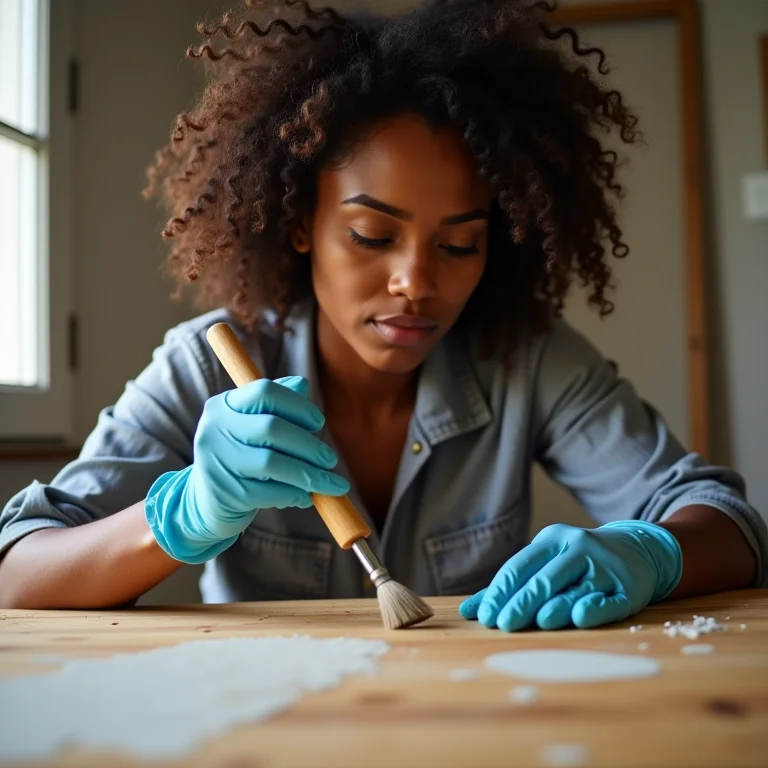Mulher removendo tinta de superfície de madeira