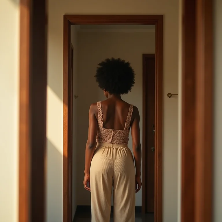 Mulher se admirando em espelho de corredor.