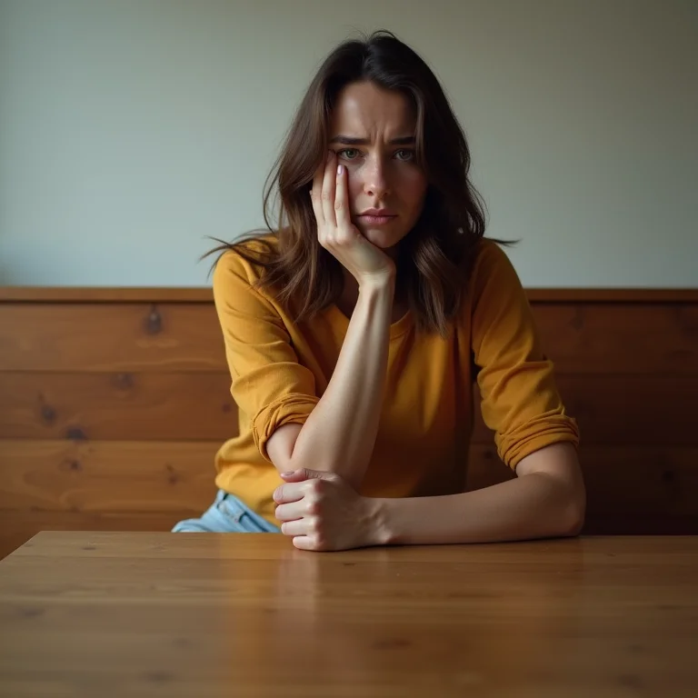 Mulher sentada desconfortavelmente em banco de madeira