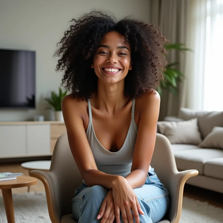 Mulher sentada em cadeira desconfortável em sala de estar escandinava.