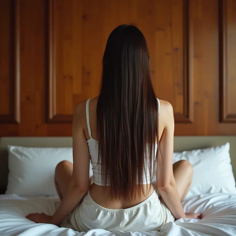 Mulher sentada na cama em quarto com painel de madeira na parede.