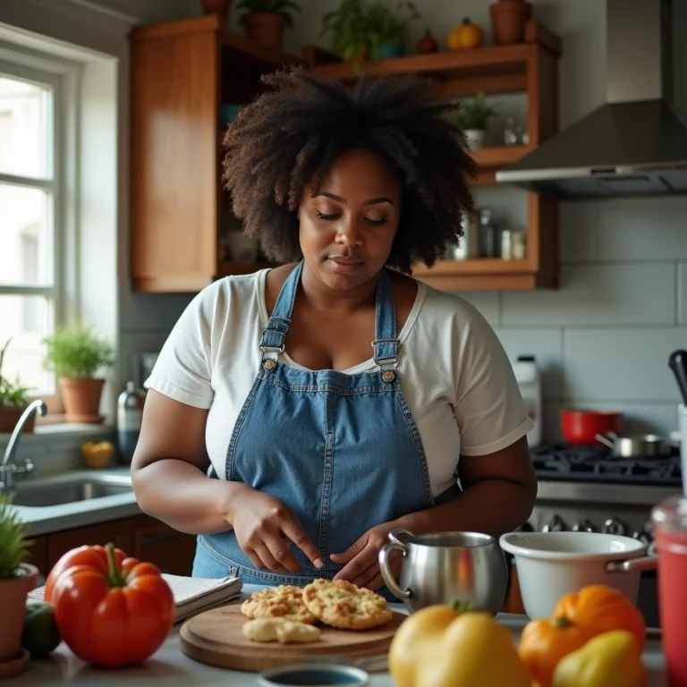 Mulher sobrecarregada em cozinha com excesso de utensílios
