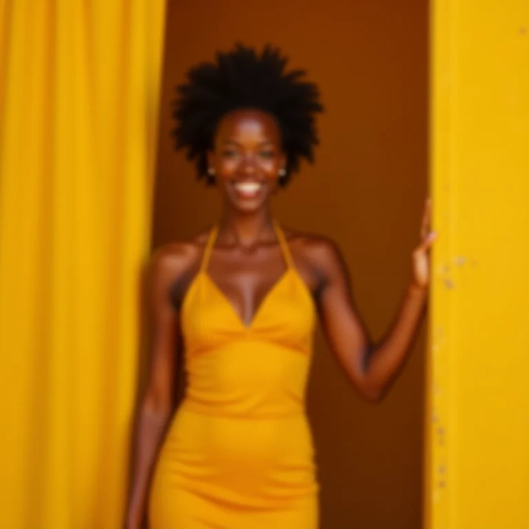 Mulher sorrindo ajustando cortina amarela.