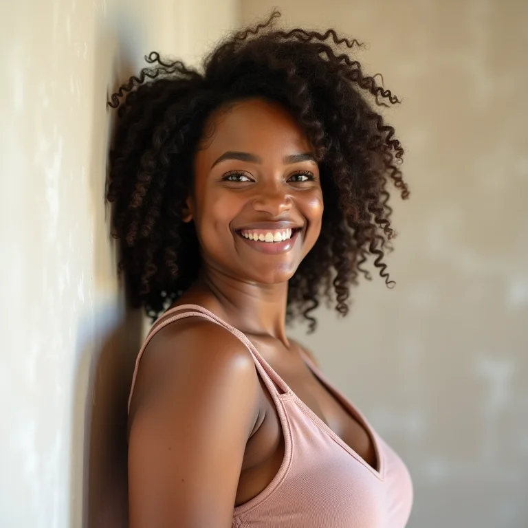 Mulher sorrindo apoiada em parede de drywall recém-construída