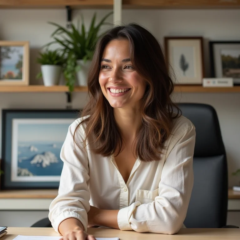 Mulher sorrindo decorando prateleira com objetos pessoais