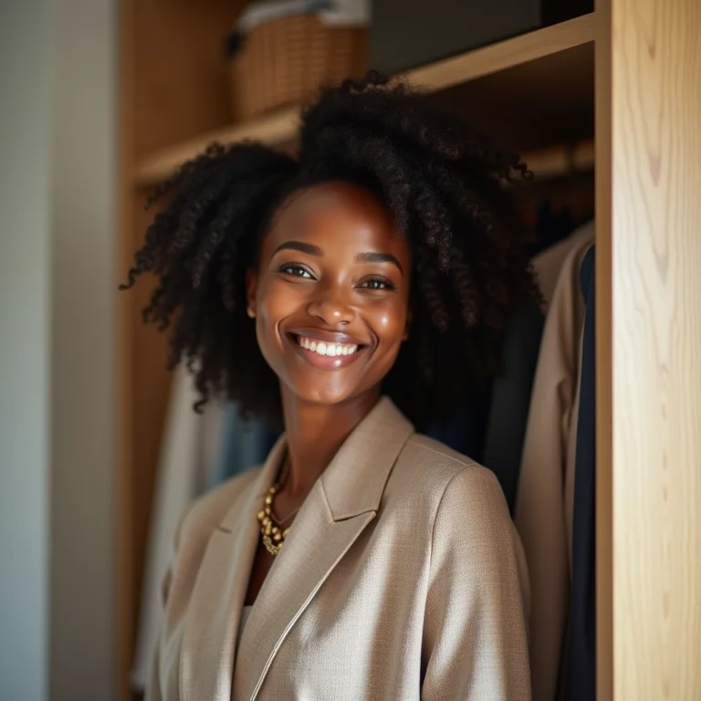 Mulher sorrindo em frente a um armário planejado