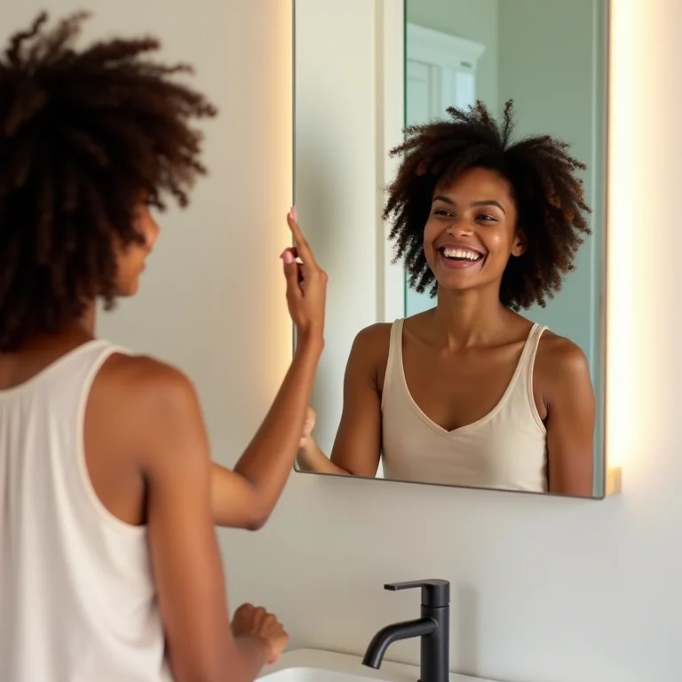 Mulher sorrindo em frente a um espelho armário de parede
