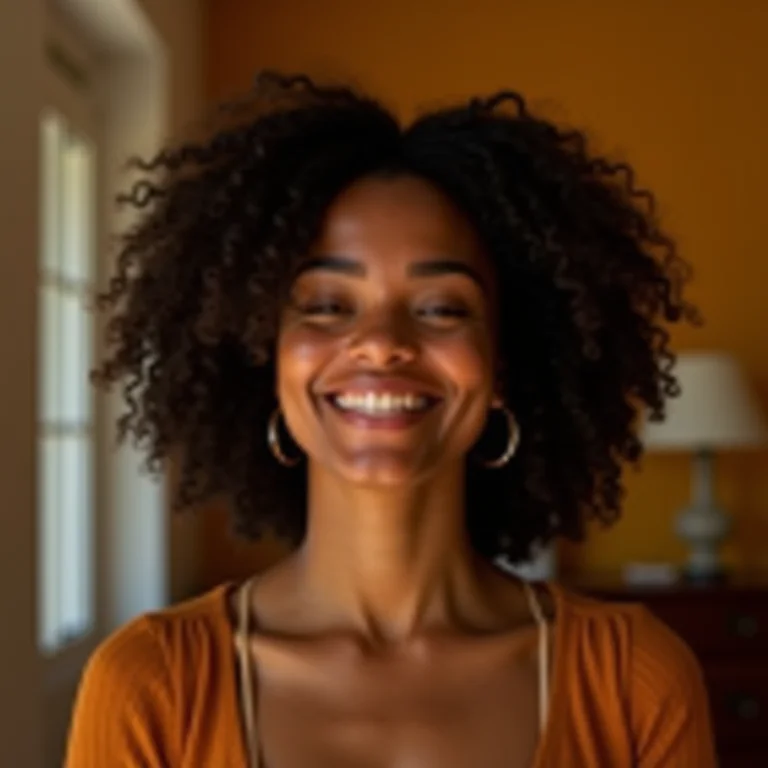 Mulher sorrindo em um ambiente com cores quentes, transmitindo bem-estar.