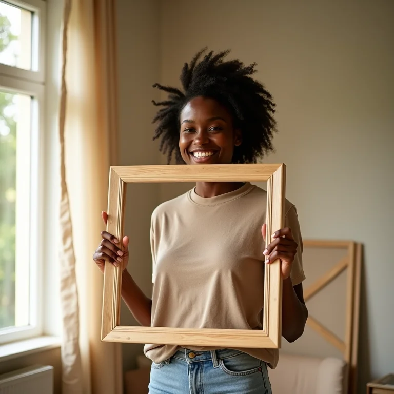 Mulher sorrindo enquanto segura moldura de madeira recém-pintada