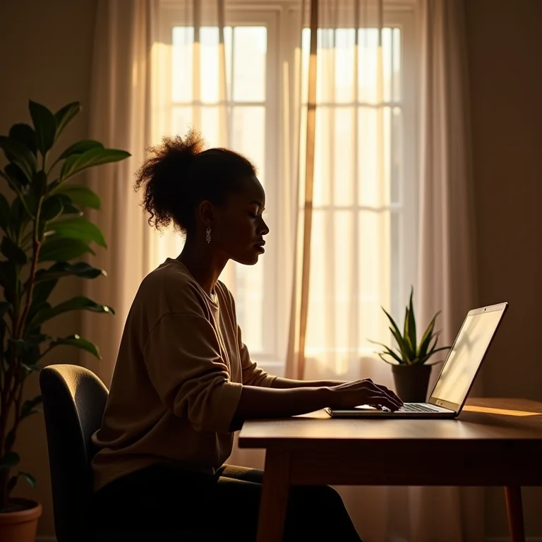 Mulher trabalhando em casa com cortina blecaute.