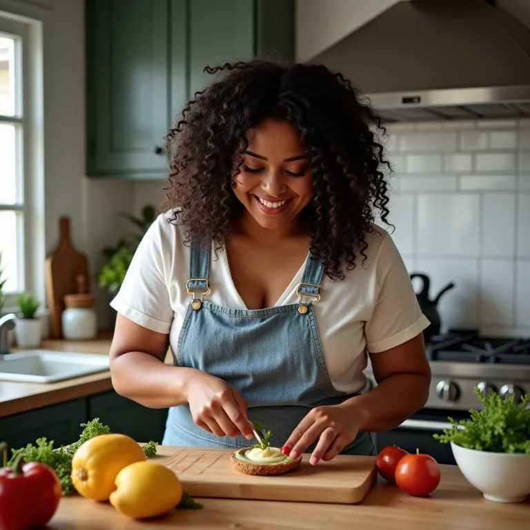 Mulher usando bancada de cozinha ergonômica