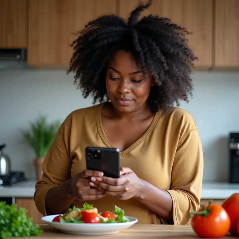 Mulher usando um dispositivo inteligente na cozinha enquanto cozinha.