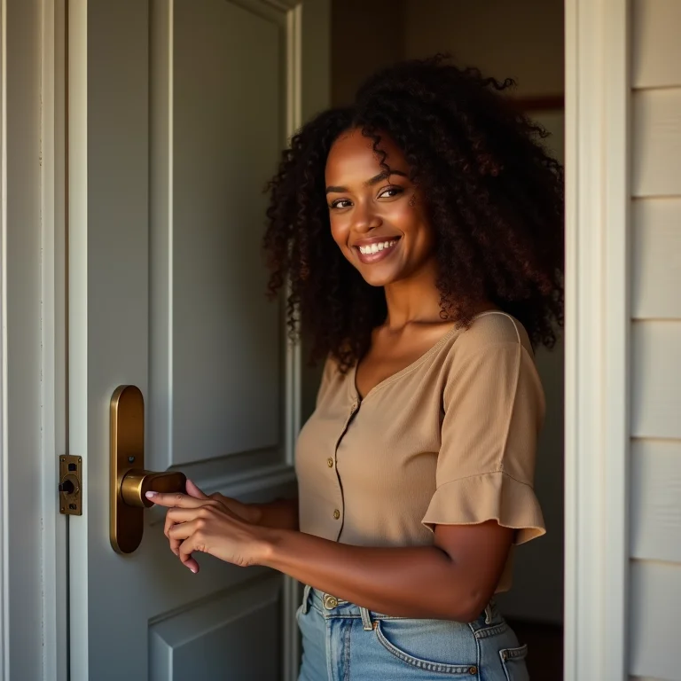 Mulher utilizando uma fechadura digital em sua porta