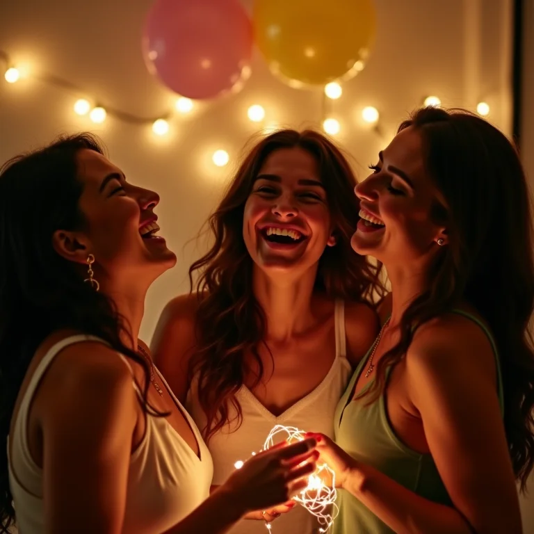 Mulheres decorando com luzes em vez de balões na Festa Junina