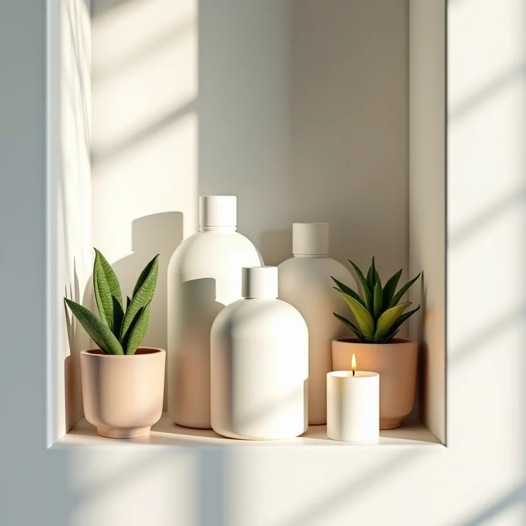 Nicho de shampoo organizado com plantas e velas