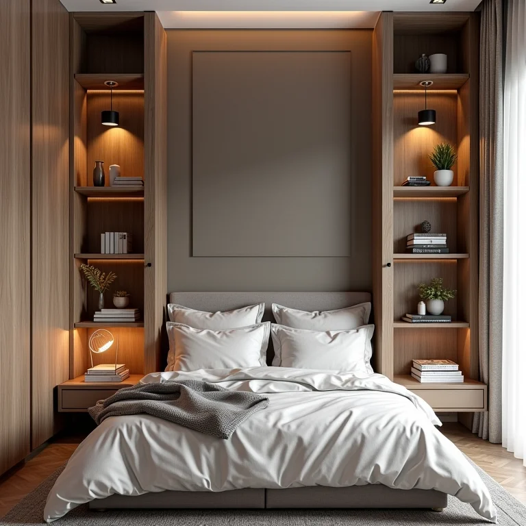 Nichos e prateleiras em quarto pequeno