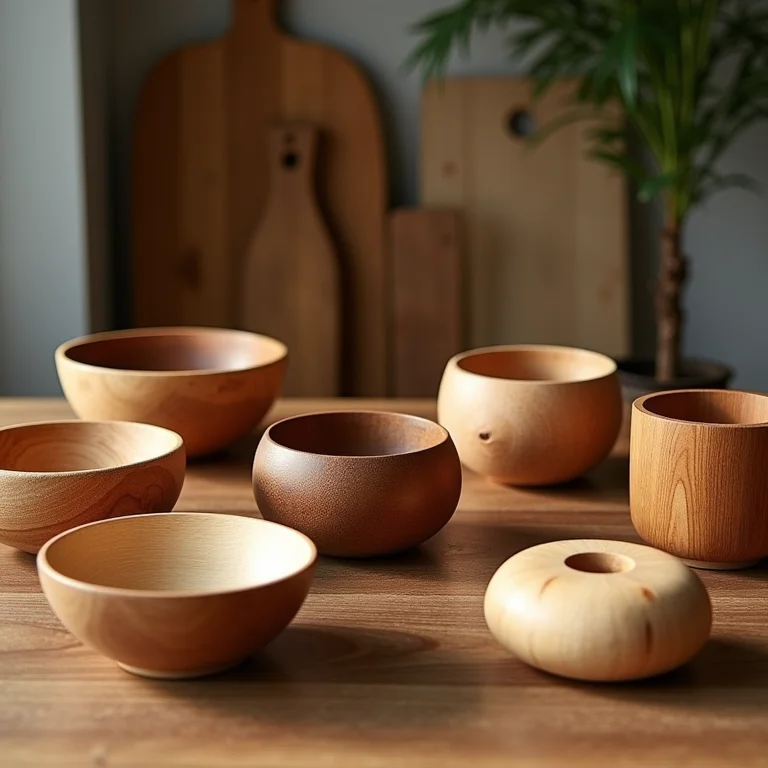 Objetos de madeira natural em mesa de madeira