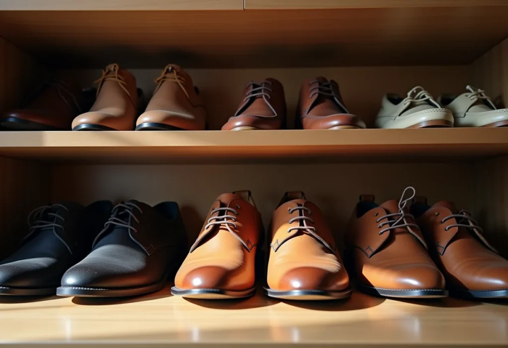 Organização elegante de sapatos em closet bem iluminado