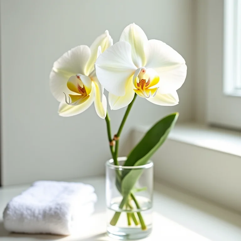 Orquídea Phalaenopsis em vaso de vidro ao lado de toalha branca.