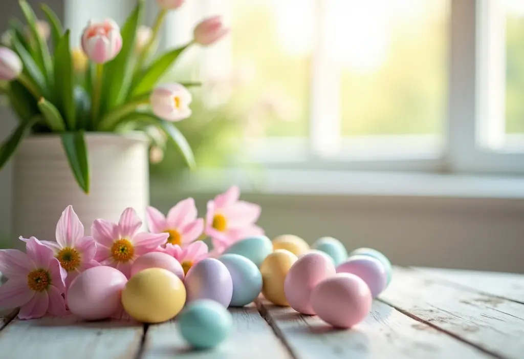 Ovos de Páscoa coloridos em mesa de madeira com flores.