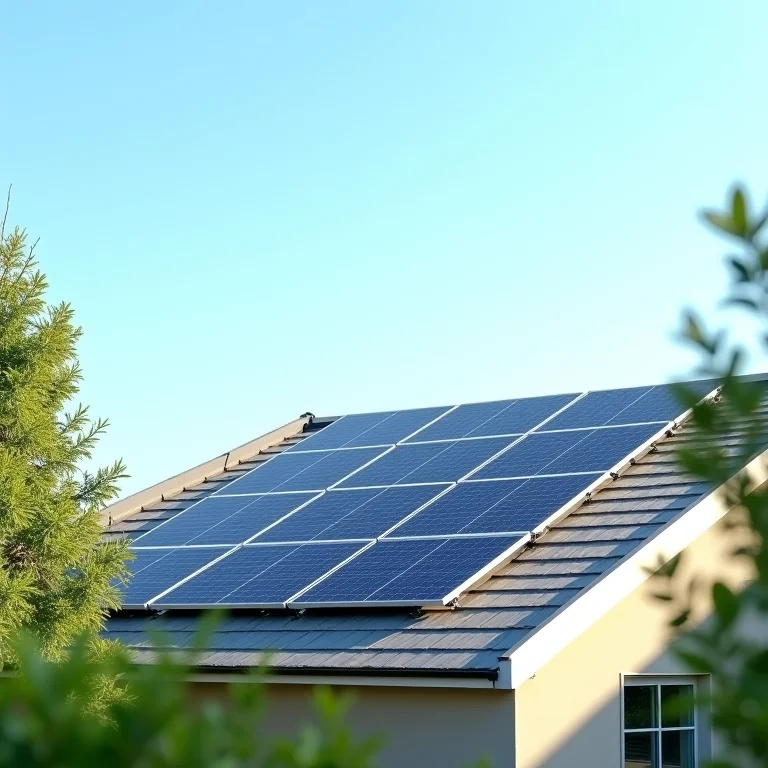 Painéis solares em telhado moderno gerando energia sustentável.