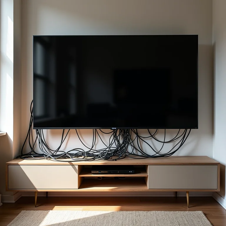 Painel de TV sem funcionalidade, com cabos à mostra e falta de espaço para organização.