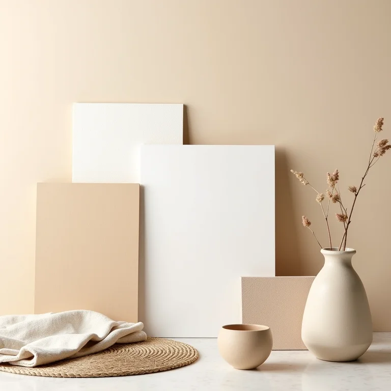 Paleta de cores e texturas para uma sala de estar aconchegante.