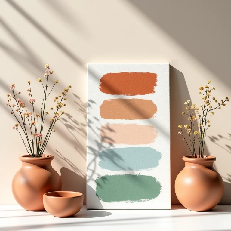 Paleta de cores em tons terrosos, azuis e verdes para cozinha boho.