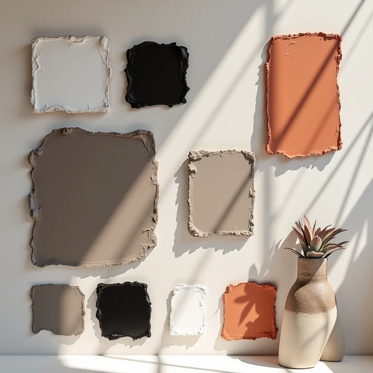 Paleta de cores para quarto industrial com tons de cinza, preto, branco e terracota.