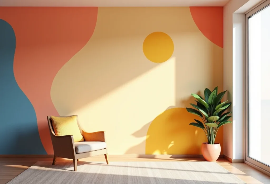 Pintura geométrica: 5 erros que você não pode cometer Parede com pintura geométrica colorida em sala minimalista.