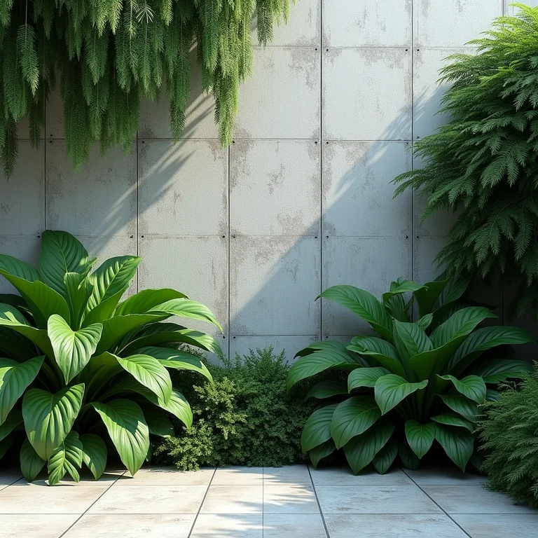 Parede de concreto coberta por plantas verdes exuberantes.