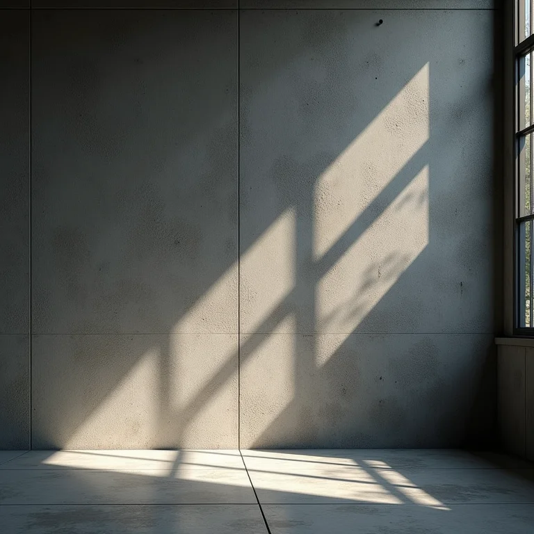 Parede de concreto com sombras profundas em uma casa brutalista.