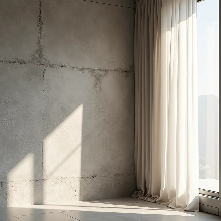 Parede de concreto texturizada ao lado de uma cortina de linho em um quarto industrial.