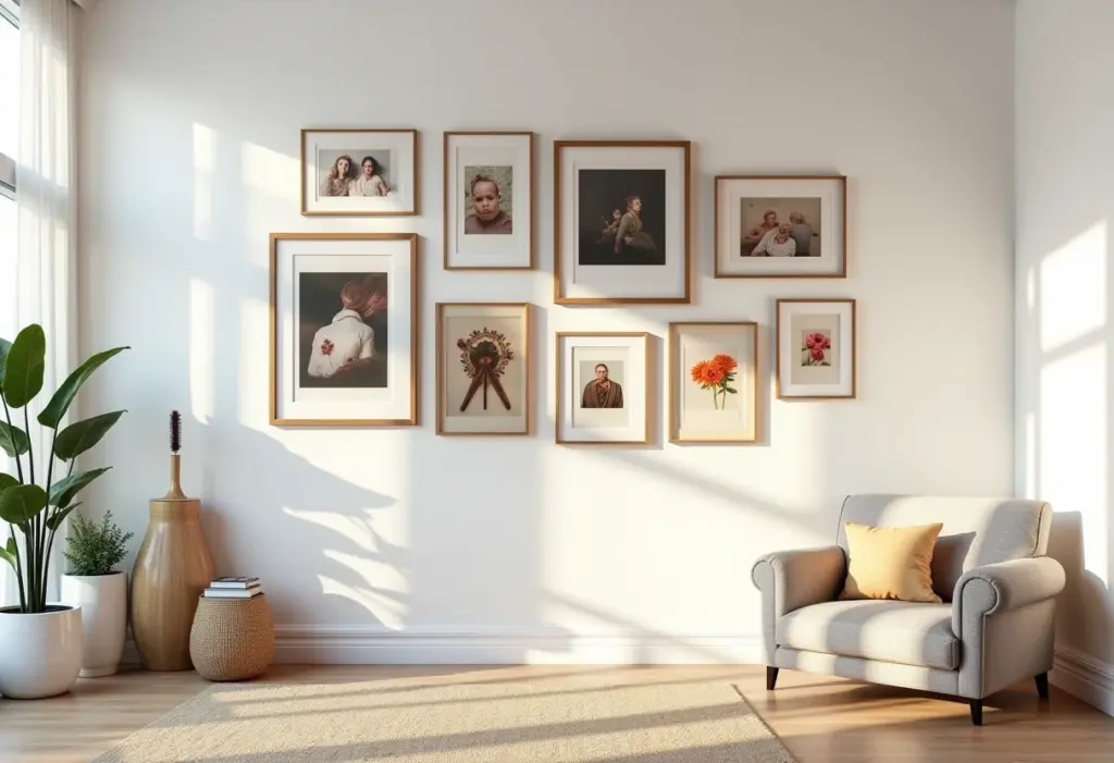 Parede Galeria: 5 erros que você não pode cometer (e como acertar) Parede de galeria com diversas obras de arte em sala de estar.