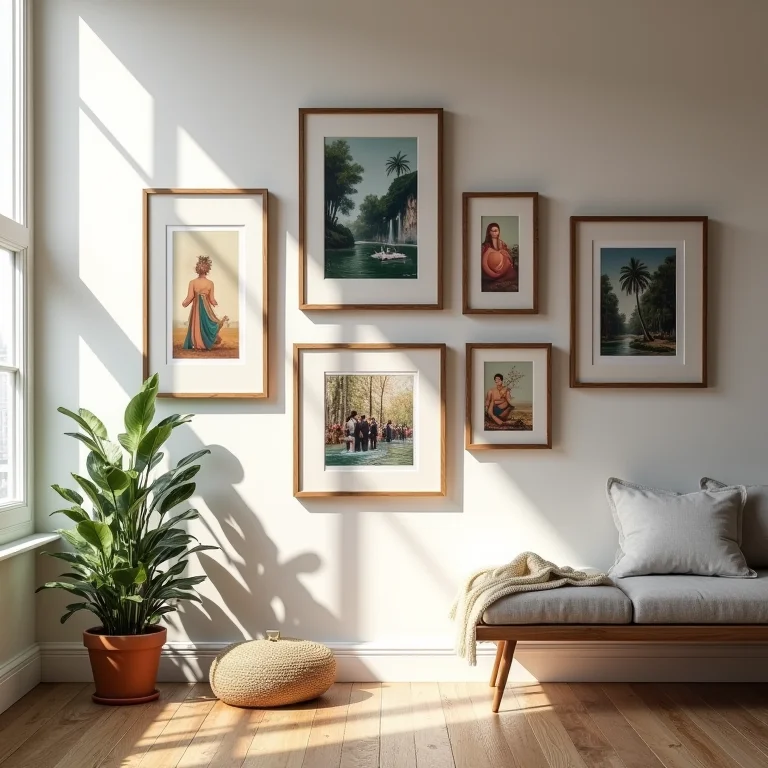 Parede de galeria com diversidade de estilos e formatos.