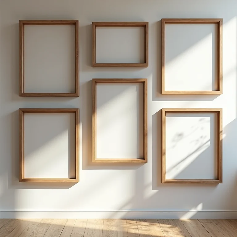 Parede de galeria com molduras incompatíveis e confusas.