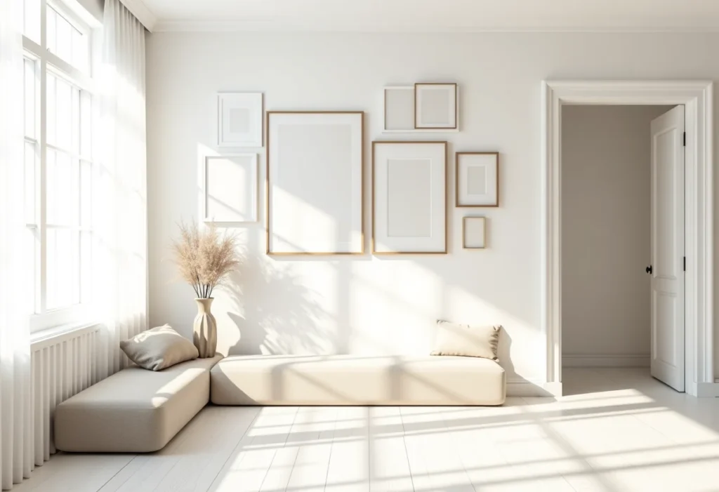 Parede de Galeria: O truque para uma decoração moderna e autêntica Parede de galeria moderna e autêntica em sala de estar iluminada