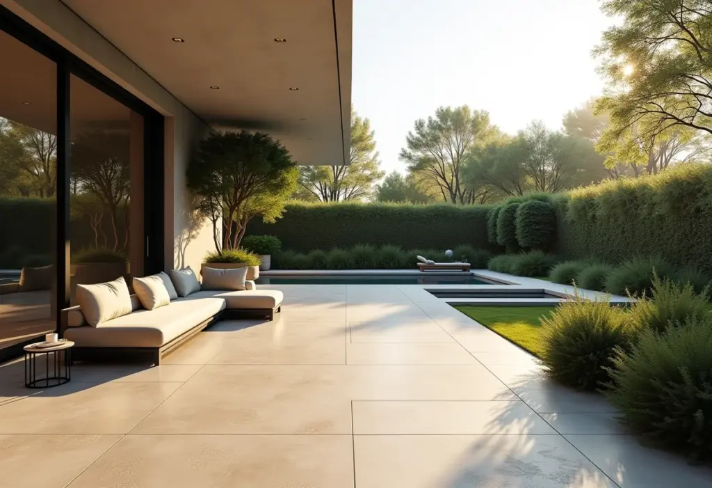 Pátio moderno com piso fulget, design minimalista e iluminação natural.