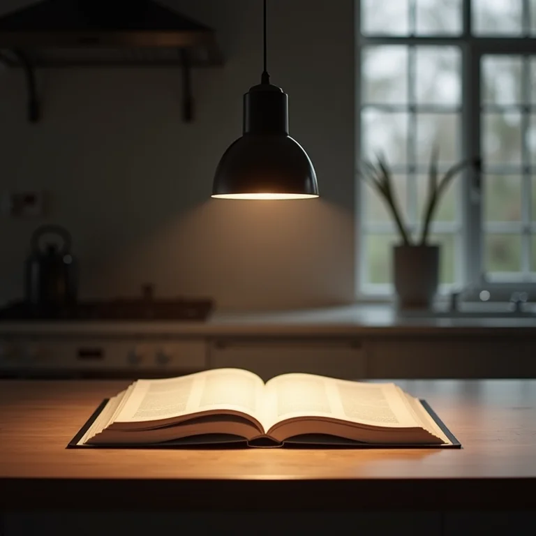 Pendente de cozinha iluminando um livro de receitas