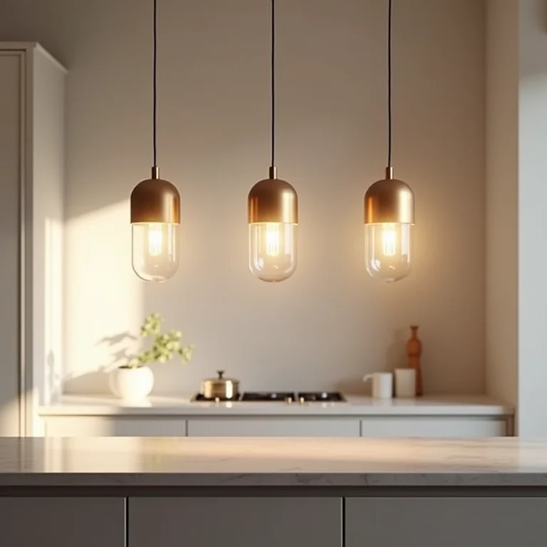 Pendentes em série sobre bancada de cozinha