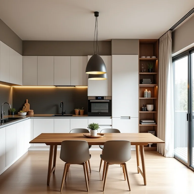 Pequena cozinha com soluções inteligentes de armazenamento e mesa dobrável.