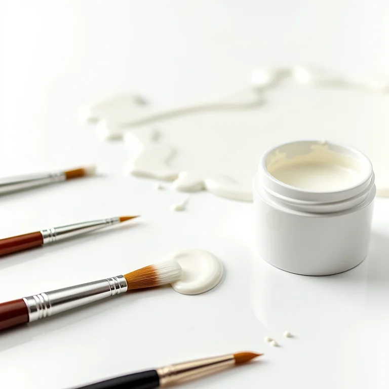 Pincéis e tinta acrílica branca dispostos artisticamente