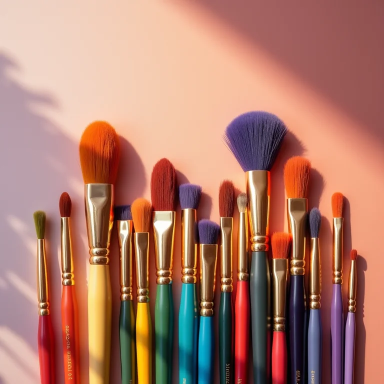 Pincéis e tintas coloridas dispostas artisticamente.