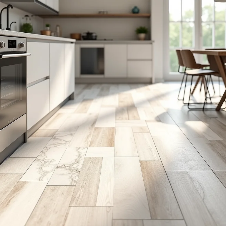 Piso vinílico heterogêneo com diferentes padrões e texturas