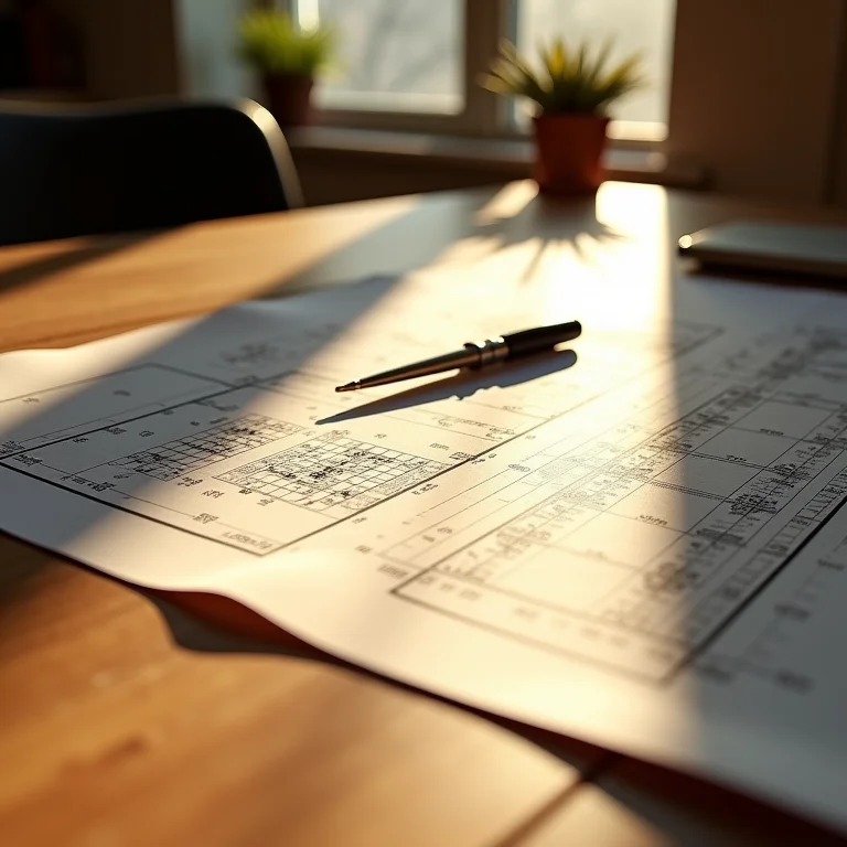 Planta baixa e bússola em mesa iluminada.