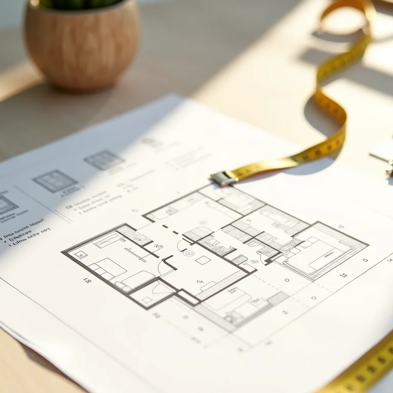 Planta baixa e fita métrica para planejar uma sala minimalista.