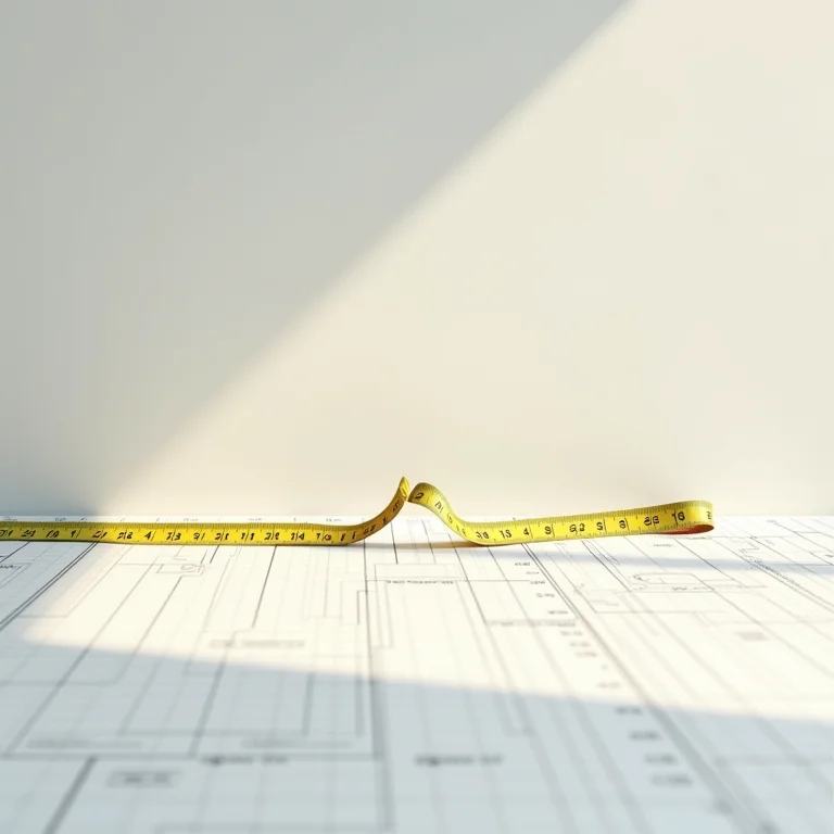 Planta de cozinha com fita métrica destacando a importância das medidas.